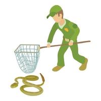 Rattlesnake icon isometric vector. Man in uniform with landing net near snake vector