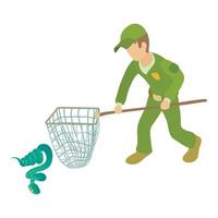 Blue snake icon isometric vector. Man in uniform with landing net near snake vector