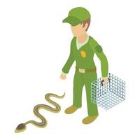 icono de serpiente gris vector isométrico. hombre en uniforme verde con jaula cerca de icono de serpiente