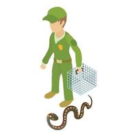 Desert cobra icon isometric vector. Man in uniform with cage near desert snake vector