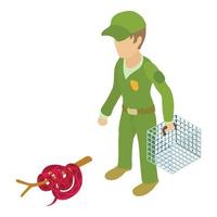 Red cobra icon isometric vector. Man in green uniform with cage near red snake vector