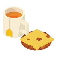 icono de desayuno tradicional vector isométrico. taza de té y carne a la parrilla con queso