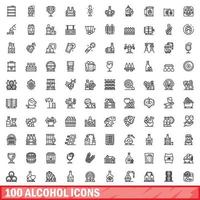 100 alcohol icons set, outline style vector