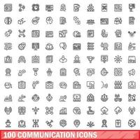 100 iconos de comunicación establecidos, estilo de esquema vector