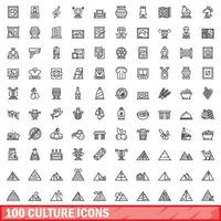 100 culture icons set, outline style vector