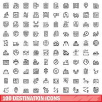 100 destination icons set, outline style vector