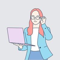 illustration icon of a woman with a laptop, Hand drawn style vector design illustration.
