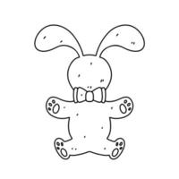 Funny bunny toy in hand drawn doodle style. Vector Illustration Isolated on white background. Coloring page.