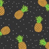 Cute cartoon pineapple in space adventure on a black background in the sky with pins. vector