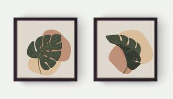 Modern abstract aesthetic background with geometric organic shapes and leafs monstera. Wall decor in boho style. Mid century vector print for cover, wallpaper, card, social media, interior decor