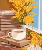 una taza de café sobre una pila de libros sobre un fondo de flores amarillas vector