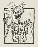 Vector illustration of dead skeleton skull drinking from  cup. Hot aroma drink passion. Vintage hand drawn style.