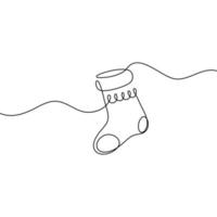 Continuous single line drawing of Christmas tree sock. New Years celebration concept isolated on white background. Vector sketch illustration