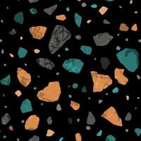 Terrazzo marble seamless pattern. Texture in Venetian style, composed of natural stone, granite, quartz, marble, concrete and limestone. Green and orange marble on a black background. vector