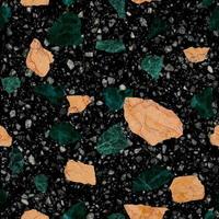 Terrazzo marble seamless pattern. Texture in Venetian style, composed of natural stone, granite, quartz, marble, concrete and limestone. Green and orange marble on a black background. vector