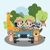 conjunto vectorial de niños y animales de safari vector