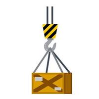 Hook. Industrial crane. Item of plant and factory. Transportation and tool isolated. Flat cartoon. Lifting wooden box. Weight and goods vector