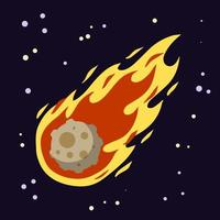 Meteor with trail of fire. Dangerous space object. Comet with tail. Celestial object. Flying in sky. Stars and astronomy. Cartoon flat illustration. Big asteroid vector