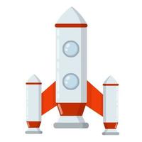 Rocket. Spaceship with porthole. Flight into space. Scientific discovery and colonization of planets. Childrens drawing. Red-and-white flat cartoon spacecraft vector