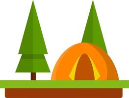 Orange tent in woods. Outdoor activity. Camp and hike. campfire and rest in forest. Trip to nature. Cartoon flat illustration vector