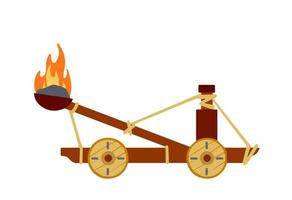 Catapult. Ancient weapons for the siege of the fortress. Wooden medieval artillery ballista. Flat cartoon vector