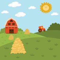 Vector farm landscape illustration. Rural village scene with barn, tractor, hay stack. Cute spring or summer square nature background. Detailed country field picture for kids