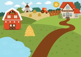 Vector farm landscape illustration. Rural village scene with barn, country house, tractor. Cute spring or summer nature background with pond, meadow, garden. Detailed country field picture for kids