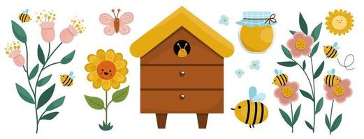 Vector apiary icons collection. Farm honey making set. Cute beekeeping concept illustration with beehive, flowers, sunflower, flowers, jar, butterfly, sun. Bee house element.