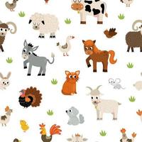 Vector seamless pattern with farm animals and birds. Repeat background with cow, horse, goat, sheep, duck, hen, pig. Rural countryside themed nature digital paper