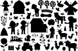 Vector farm silhouettes set. Rural black icons collection with funny kid farmers, barn, country house, animals, birds, tractor, windmill, hay, beehive. Cute village or garden shadow illustrations