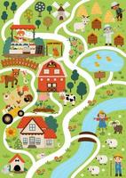 Farm village map. Country life background. Vector rural area scenes infographic elements with animals, children, barn, tractor. Countryside plan with field, pasture, apiary, cottage, garden, market