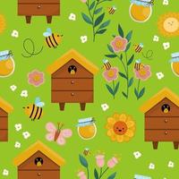 Vector apiary seamless pattern. Farm honey making repeat background. Cute beekeeping digital paper with beehive, flowers, sunflower, flowers, jar, butterfly, sun. Bee house texture.