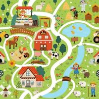 Farm village map seamless pattern. Country life repeat background. Vector digital paper with rural area scenes, animals, children, barn, tractor. Countryside plan with field, pasture, apiary, cottage