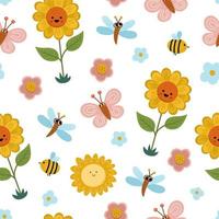 Vector cute baby seamless pattern with sunflower, butterfly, bee, sun. Funny repeating background with adorable kawaii characters. Childish flat summer floral digital paper for kids