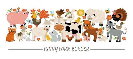 borde horizontal vectorial con lindos animales de granja, pájaros, insectos. diseño de plantilla de tarjeta rural con personajes de campo. lindo borde de campo con vaca, gallina, cerdo, cabra, oveja, caballo vector