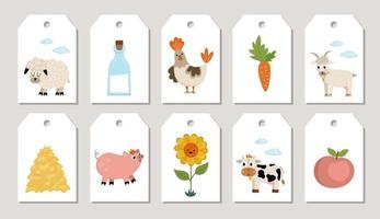 Cute farm price tag cards set with tractor, barn, farmer, cow. Vector country village print templates with        cow, milk, hen, apple, hay stack, sunflower. Countryside design for tags, ads