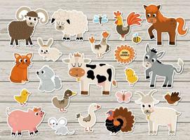 Vector farm animal and birds stickers set. Rural patches icons with cow, horse, goat, sheep, duck, hen, pig. Countryside illustration pack. Cute rural themed nature collection on wooden background