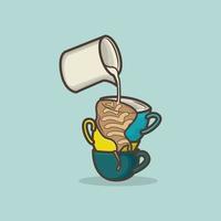 Illustration of jug milk pouring milk to make latte art in stacked cup vector