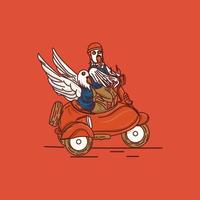 ilustración de un personaje de paloma montando una moto con su compañero de fondo naranja vector