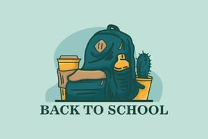 ilustración de mochila escolar verde con texto de regreso a la escuela en la parte inferior de la mochila vector