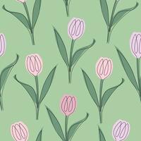 Seamless pattern of tulips drawn in one line. Vector illustration isolated on green background.