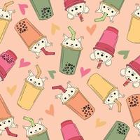 Seamless pattern of drinks cups. Tea, soft drinks in plastic cups, fashionable dessert, colorful vector collection.