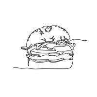 Continuous one line of hamburger in silhouette on a white background. Linear stylized.Minimalist. Fast food. vector