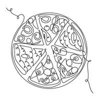 Continuous thin pizza line. Vector illustration of pepperoni pizza in one line, minimalist sketch, icon, single contour drawing.