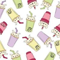 Seamless pattern of drinks cups. Tea, soft drinks in plastic cups, fashionable dessert, colorful vector collection.