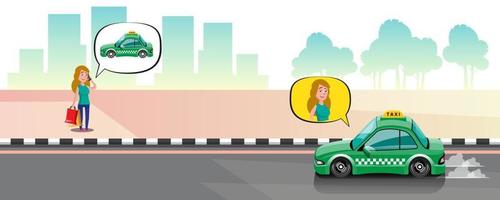 una mujer llama a un taxi por teléfono inteligente en la ciudad. vector