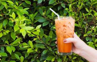 Hand woman holding the glass iced milk tea on green nature background photo