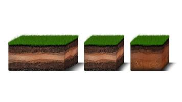 diagrama de capas de suelo isométricas, sección transversal de hierba verde y capas de suelo subterráneo debajo, estrato de orgánicos, minerales, arena, arcilla, capas de suelo isométricas aisladas en blanco foto