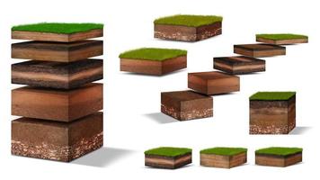 Isometric Soil Layers diagram, Cross section of green grass and underground soil layers beneath, stratum of organic, minerals, sand, clay, Isometric soil layers isolated on white photo