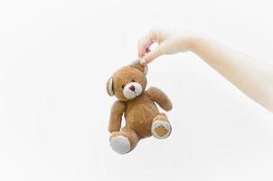hand woman holding ear brown teddy bear toy on white background photo